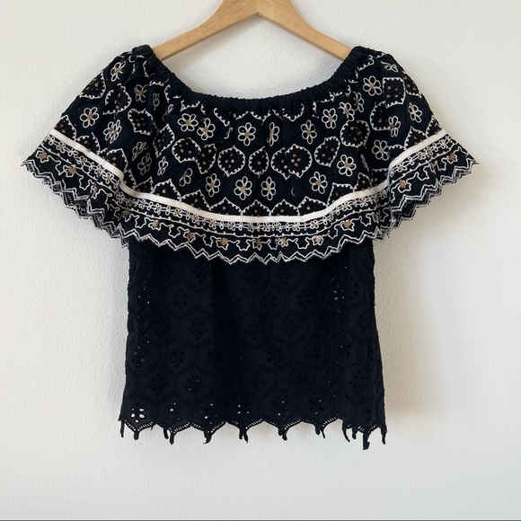 Hemant & Nandita Anthropologie Marva Off Shoulder Black Embroidered Top XS - Picture 9 of 14